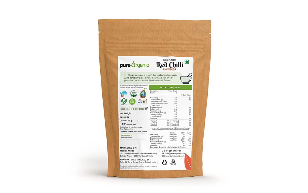 Pure Organio Organic Red Chilli Powder    Pack  400 grams